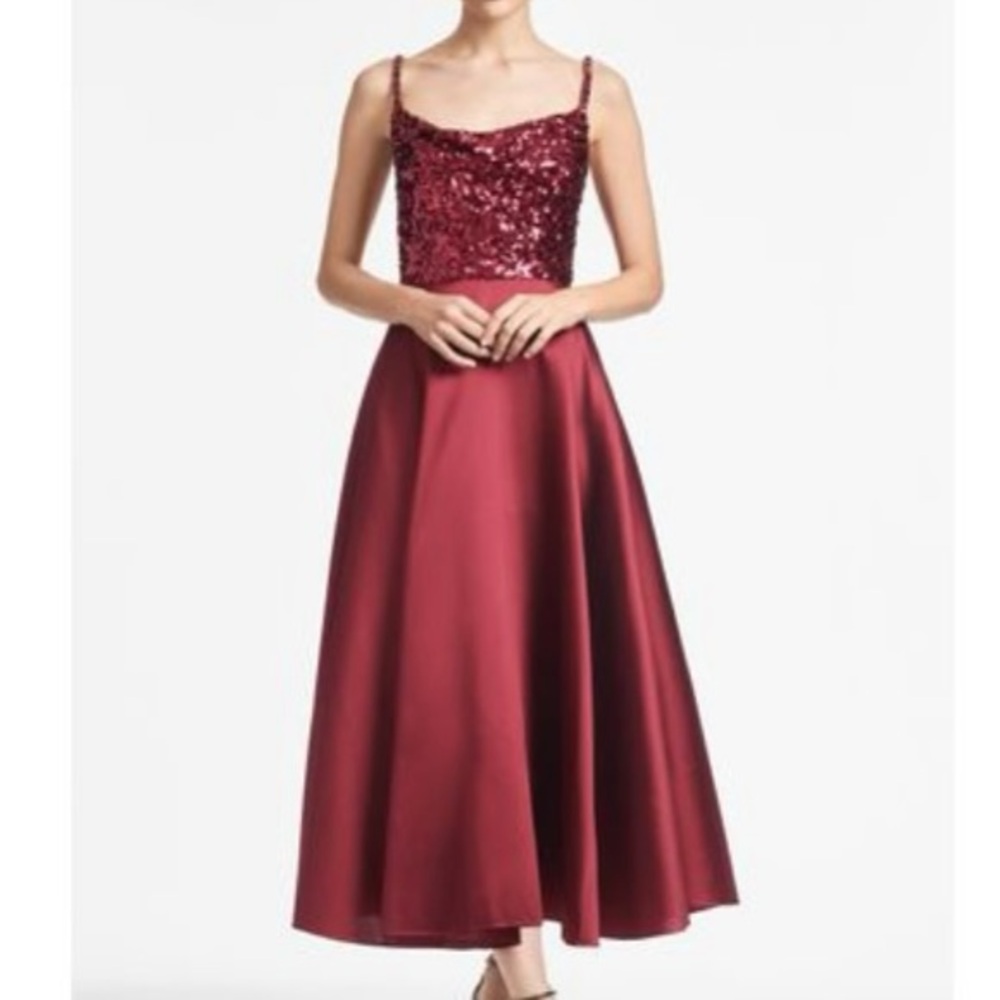 Elegant Burgundy Sequin Sachins & Babi designer Emily Gown.